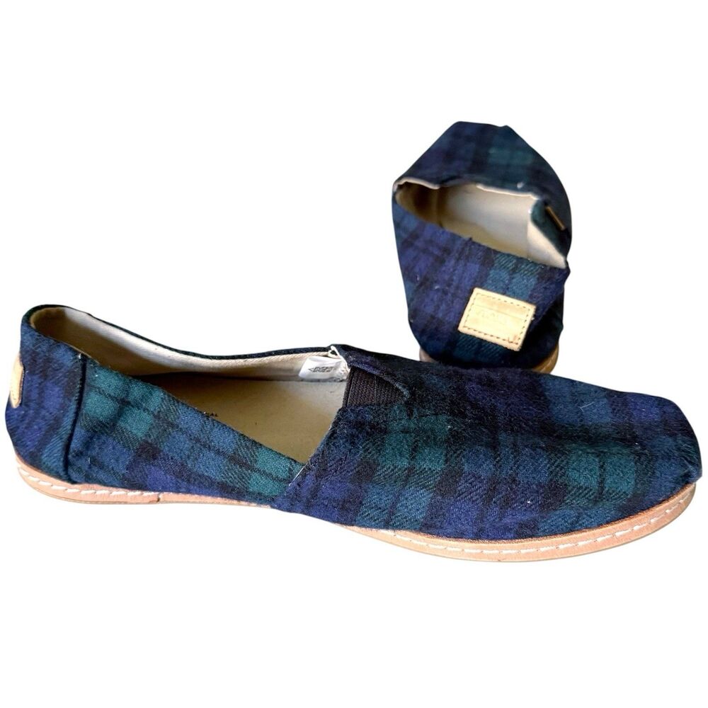 TOMS Shoes Womens 11 Classic Alpargata Slip On Blue Green Plaid Round Toe Slip O
